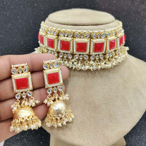 SFNeck07 <b>Gold</b> Plated Matte Finish Necklace <b>Set</b> Red Fine <b>Jewelry</b> <b>Set</b> - Product Image 1