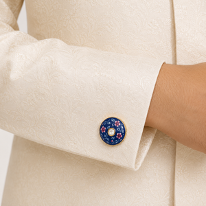 Mancuernillas de lujo personalizadas de latón con diseño floral estilo cerámica azul de Jaipur, botón de cristal esmaltado para blazer, sherwani y traje de hombre - Product Image 3