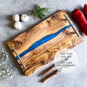 Handcrafted Ocean Wave Epoxy Resin Wooden <b>Serving</b> <b>Tray</b> with Metal Handles Luxury Design Wedding Gift <b>Gold</b> - Product Image 4