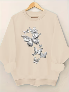 Sudadera Oversize de Cuello Redondo para Mujer de San Valentín con Estampado de Mariposa en Lámina Plateada, Hombros Caídos, Manga Larga, Tejido de Algodón Suave - Product Image 4