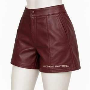 Custom Women High <b>Waist</b> PU Faux Leather Shorts Burgundy Wine Red Vegan Leather Short Pants With Pockets OEM Private Label Makers - Product Image 5