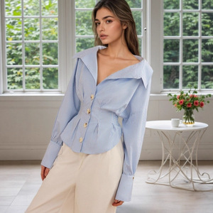 Blusa Elegante para Mujer, con Cuello Camisero, Plisada, Cintura Ajustada, Rayas, Manga Larga, Cierre de Botón, para Oficina y Uso Diario - Product Image 3