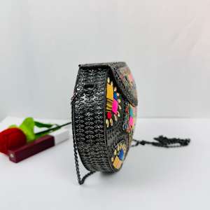 Handmade Modern Ethnic <b>Gold</b>-Plated Antique Metal Mosaic Crossbody <b>Clutch</b> Polished Colorful Beaded Evening Purse Sculpture - Product Image 3