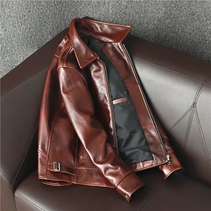 2026 Fashion Coated Genuine Cow <b>Leather</b> Stand Collar Vintage Front Logo Men's Varsity <b>Jacket</b> - Product Image 1