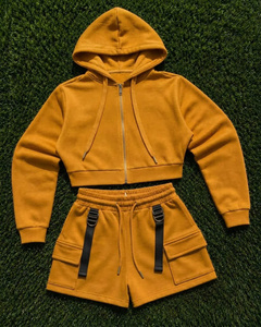 Wholesale Women Two Piece Hoodie Shorts Set Custom Logo <b>Cropped</b> Hoodie Cargo Shorts Casual Streetwear Manufacturer - Product Image 3