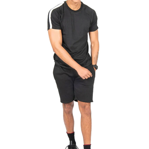 Men's Black Solid Color Crew Neck T-Shirt <b>Set</b> With White Stripe Shorts Breathable <b>Knitted</b> Casual Summer Outfit - Product Image 4