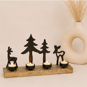 Moderno Portavelas de Reno de Metal Negro con Base de Madera Rústica, Soporte para 4 Velas de Té, Decoración para Centro de Mesa Navideño - Product Image 4