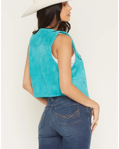 Chaleco de Cuero de Ante Turquesa para Mujer, Corto, Sin Mangas, Estilo Western, con Botones Delanteros, de Ante Genuino, Estilo Vaquera Boho, OEM - Product Image 4