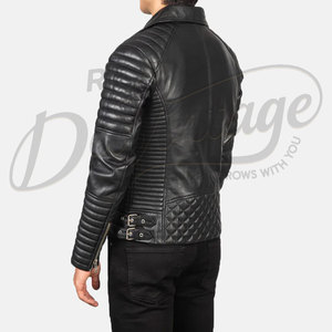 Blouson de motard en cuir noir pour homme, avec épaules matelassées côtelées, en véritable peau de mouton, coupe ajustée, pour automne-hiver, veste de moto, vêtement d'extérieur - Product Image 2