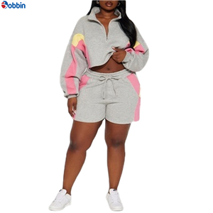 Conjunto Deportivo Casual de 2 Piezas con Contraste de Color Estilo Hip Hop, Sudadera de Manga Larga con Media Cremallera y Pantalones Cortos, Ropa Deportiva Urbana para Mujer - Product Image 1