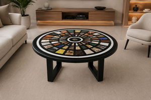 Table basse de luxe ronde en marbre noir incrusté, faite à la main, avec motifs floraux Pietra Dura, écologique, pour la décoration intérieure moderne, Diwali et Cérémonies de départ - Product Image 2