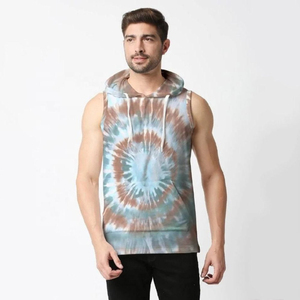 Sudadera con capucha sin mangas para hombre, estilo tie-dye, mezcla de algodón, corte muscular, con bolsillo canguro, venta al por mayor, personalizada, estilo urbano - Product Image 1