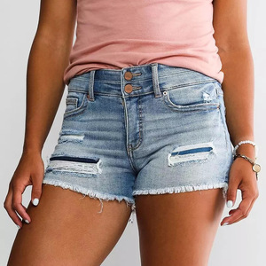 Shorts en jean déchirés taille haute pour homme, décontractés, en coton délavé, avec braguette boutonnée, couleur unie, tissu pour femme - Product Image 3