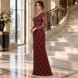 Robe de soirée ornée de paillettes |   Robe de soirée longue à manches longues et col en V avec dos ouvert, longueur au sol, pour fêtes, mariages et événements élégants - Product Image 3