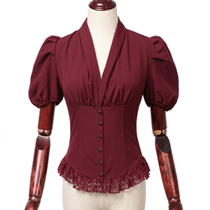 Blusa de Algodón para Mujer, Manga Corta, Cuello en V, Encaje, Chifón, Estilo Corsé, Ajustada - Product Image 1