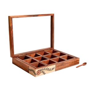 Boîte à épices en bois J N Crafts avec couvercle en bois, plusieurs compartiments, design artisanal durable et écologique, organisateur de masala indien - Product Image 1