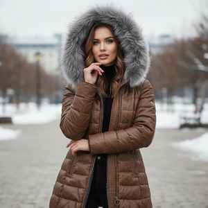 Manteau long en cuir d'agneau souple pour femme avec capuche en fourrure, veste d'hiver, vêtement d'extérieur, coupe élégante, usage quotidien - Product Image 2