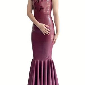 One Shoulder PU Leather Midi <b>Dress</b> With Ruffles Mermaid Hem Bodycon Fit Party Wear Sleeveless Solid Color Sexy Style - Product Image 5