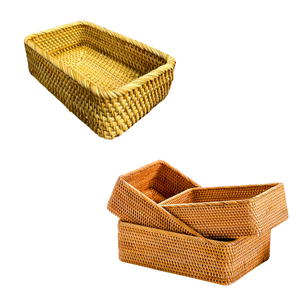 Juego de 3 Cestas/Bandejas Rectangulares de Mimbre RATTAN, Cestas Rectangulares de Mimbre Natural Tejidas a Mano - Product Image 1