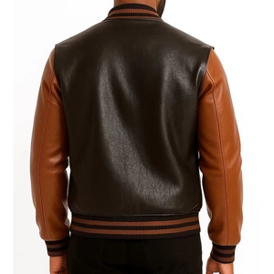 Custom Black and <b>Brown</b> Genuine <b>Leather</b> Varsity <b>Jacket</b> Premium Rib Collar Snap Button Bomber <b>Jacket</b> OEM Streetwear Apparel <b>Jacket</b> - Product Image 2