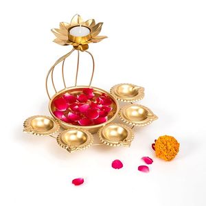Support de bougie chauffe-plat en métal Lotus avec base en bol Urli, fait main, décoration Diya pour anniversaire, maison, bureau, cadeaux festifs - Product Image 2