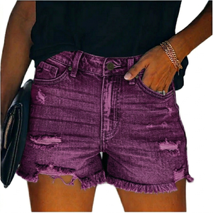 Shorts de mezclilla para mujer de cintura alta, estilo recto, formales, con logo bordado, rotos, teñido liso, cierre de cremallera, elementos de moda. - Product Image 1