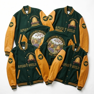 Chaqueta Letterman al por mayor, abrigo universitario de lana verde bosque, bordado Beekeepers Heritage Apiary Guild, mangas de cuero dorado miel - Product Image 1