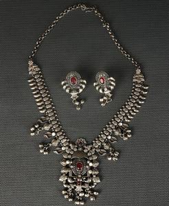 Parure de mariée en laiton oxydé argenté, style tribal bohème, avec collier et boucles d'oreilles, sertissage clos, pour mariage, fiançailles, anniversaire, cadeau - Product Image 2