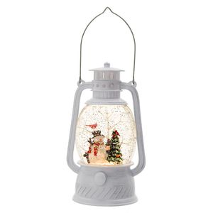 Lanterna Natalizia Bianca 12x12x21 cm con Pupazzo di Neve e Albero, LED/Neve Rotante, Timer 6 Ore, Richiede 3 Batterie AA, Decorazioni in Resina - Product Image 1