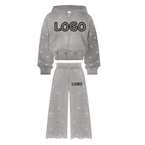 Chándal gris con pedrería, capucha y cremallera, manga larga, corte holgado informal, para otoño, con estampado de logotipo y detalles brillantes - Product Image 1
