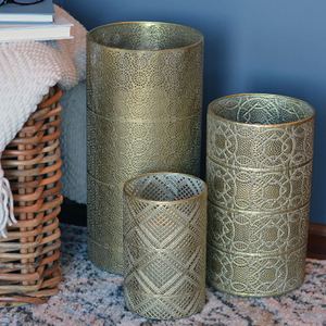 Moroccan Votive Holder <b>Set</b> of 2 Lattice Work Intricated Perforated Patterns <b>Grey</b> Patina Over Antique Gold Votive Holder - Product Image 6