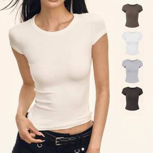T-shirt court pour femme, col rond, épaules droites, couleur unie, haute qualité, prix abordable, style streetwear, fitness, baby tee, vente chaude - Product Image 5