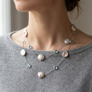 Antique Natural Mother Pearl Sparkling Blue Topaz Gemstone Minimalist <b>Necklace</b> Women 925 Sterling <b>Silver</b> Gold Jewelry Gift Party - Product Image 6