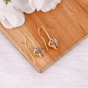 Elegant Purple Amethyst <b>Earrings</b> Handmade Brass Gold Plated Gemstone Jewelry for Women - Product Image 2