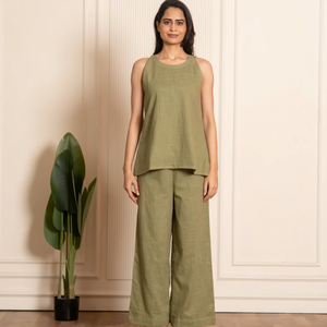 ชุดเซ็ตผ้าฝ้ายสลับลายสำหรับผู้หญิง |   เสื้อแขนกุดทรงเอไลน์พร้อมกางเกงขายาวทรงกว้าง ชุดลำลองฤดูร้อนสองชิ้นสำหรับผู้หญิง - Product Image 1