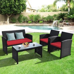 Set of 4 Rattan Patio Furniture with <b>Weather</b>-Resistant Cushions Tempered <b>Glass</b> Tabletop <b>Weather</b> Resistant Comfortable Stylish - Product Image 5
