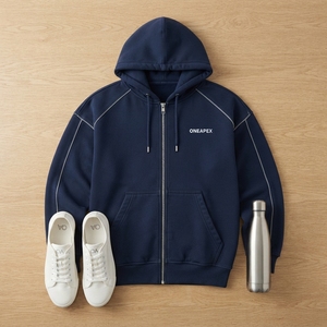 Custom <b>Men's</b> <b>Navy</b> Blue Full Zip Hoodie Contrast Piping Oversized Streetwear Sweatshirt - Product Image 4