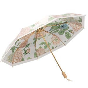 Parapluie manuel pliant en 3 sections en fibre de verre et PET avec poignée en bois, petite taille, résistant au vent et à la pluie, motif imprimé feuilles - Product Image 1