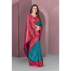 Elite Weaves Original Meenakari Paithani <b>Silk</b> Zari Woven Saree <b>Green</b> with Pink Premium Handwoven Indian Shawl - Product Image 3