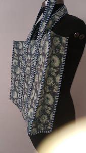 Bohemian Grey Quilted Cotton Tote <b>Bag</b> with <b>White</b> Floral <b>Hand</b> Block print Open Casual Shopping Travel Grocery Handbag For Women - Product Image 3