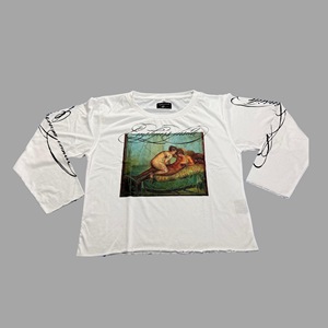 Custom Boxy Fit Cropped Long Sleeve <b>Vintage</b> <b>T</b> <b>Shirt</b> for Women <b>Vintage</b> Print Raw Hem Streetwear Cotton Casual Fashion Tee OEM - Product Image 6