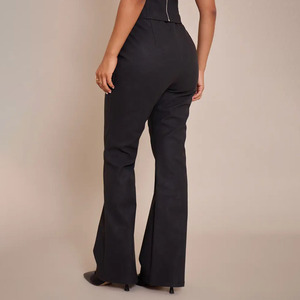 Pantalones de Pierna Ancha de Cintura Alta a la Moda para Mujer, Pantalones Largos Negros con Cierre de Cremallera, Color Sólido, Estilo Otoñal, Pantalones de Piel Sintética para Mujer - Product Image 2