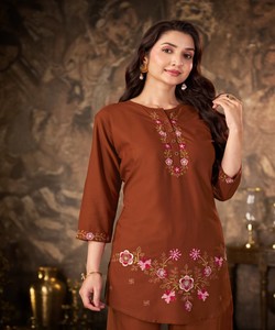 Ensemble Kurta en coton marron brodé pour femmes, vêtements décontractés traditionnels, style Inde Pakistan, coupe ample, longueur cheville, 86710 DIVA-174 - Product Image 2