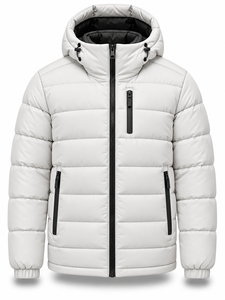 <b>Men's</b> <b>White</b> Hooded Puffer Jacket Waterproof Windproof Smart Casual Zipper Front Polyester Wadding Regular Length Winter <b>Coat</b> - Product Image 1