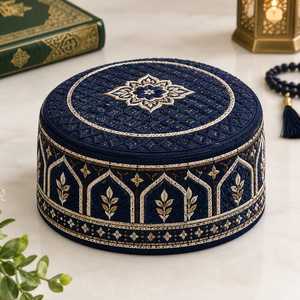 Chapeau Kufi islamique brodé en or blanc pour hommes, motif uni, tissu en toile respirant, toutes saisons - Product Image 3