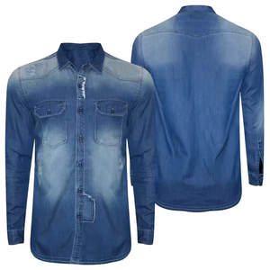 Camisa de Mezclilla de Alta Calidad para Hombre, Desgastada por Delante, Azul, Manga Larga, Clásica, con Dos Bolsillos, de Algodón, Informal - Product Image 3