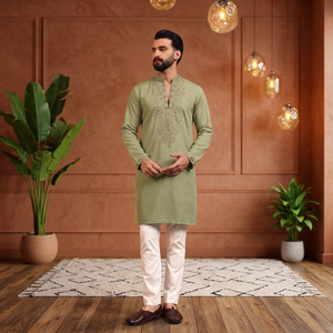 Ensemble Kurta Pajama brodé vert pour homme, coupe classique, vêtements décontractés traditionnels indiens et pakistanais, toutes saisons - Product Image 2