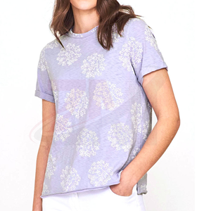 Camiseta de Manga Corta con Cuello Redondo y Estampado Floral Lavanda para Mujer, Corte Regular, Algodón Tejido, Casual, Venta al Por Mayor, Logotipo de Marca Personalizado - Product Image 1