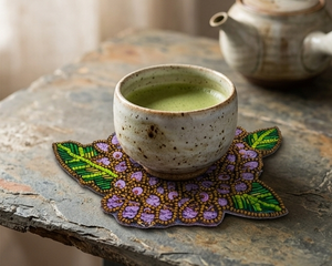 Sous-verre brodé à la main avec perles florales, motif fleur violet et or, sous-verre de luxe pour boissons, décoration de table, cadeau unique - Product Image 3