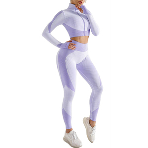 Ensemble 2 pièces sportif taille haute pour femme, haut court à col roulé à manches longues, tricoté, color block, avec fermeture éclair, écoresponsable - Product Image 4